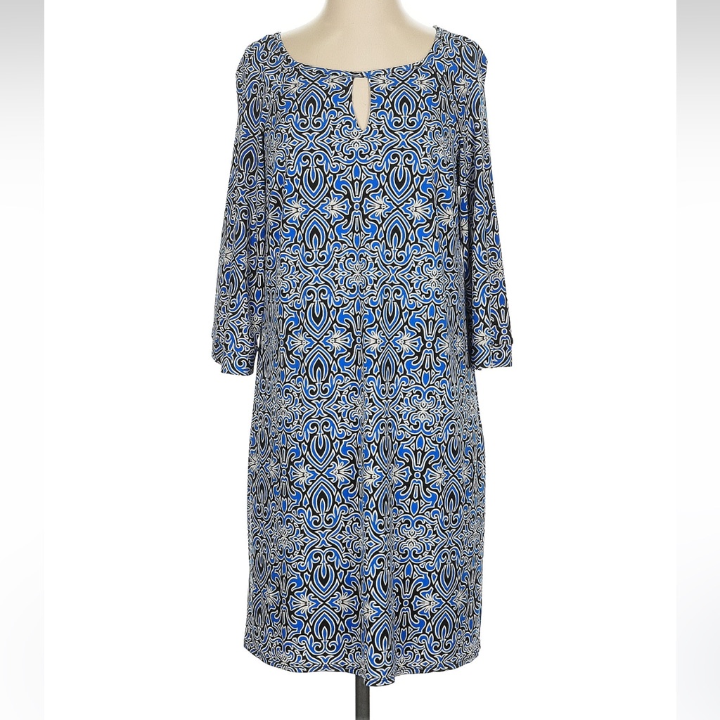 Laundry By Shelli Segal Blue And White Long Sleeve Keyhole Dress